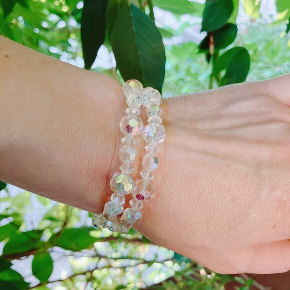 VTG Mid Century AB Crystal Double Strand Bracelet with Filigree Clasp 1950s - Picture 11 of 12